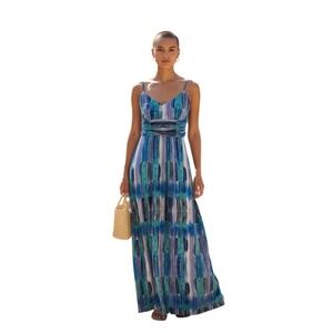 Ann Taylor Abstract Print Ruched Waist Maxi Dress Blue Purple Teal Size 4
